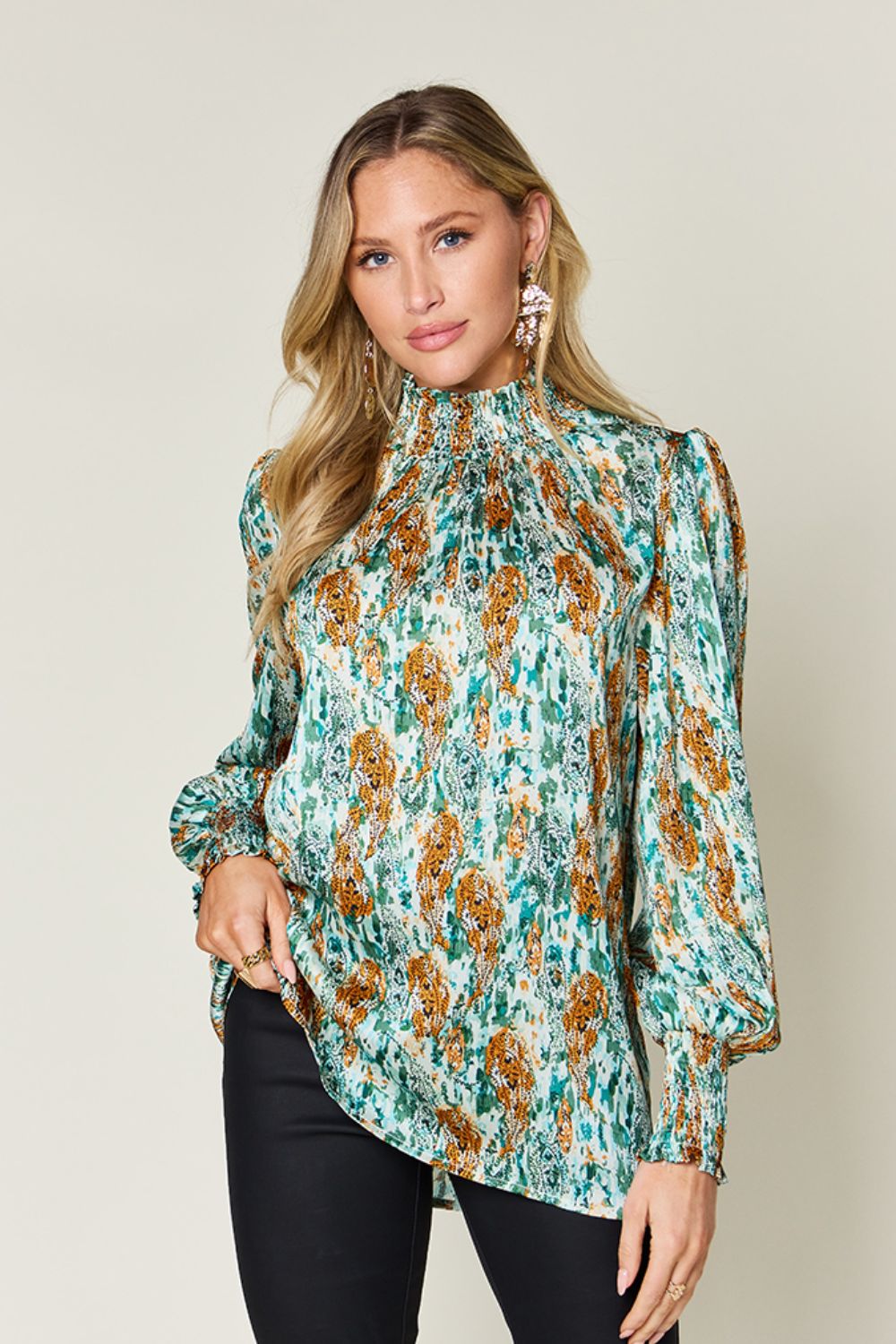 Double Take Printed Smocked Long Sleeve Blouse