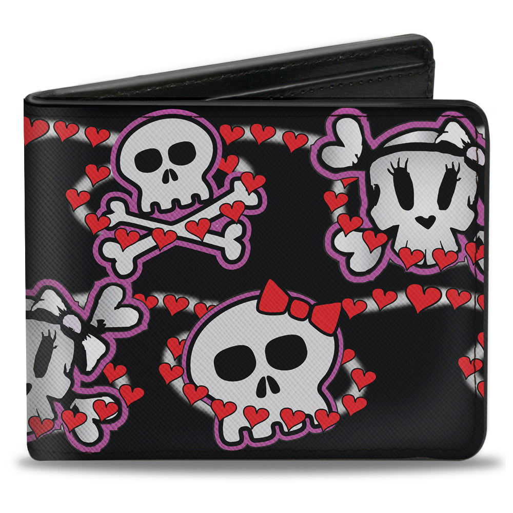 Bi-Fold Wallet - Cute Skulls w Hearts