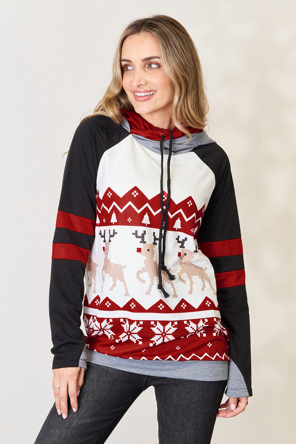 Double Take Christmas Drawstring Long Sleeve Hoodie