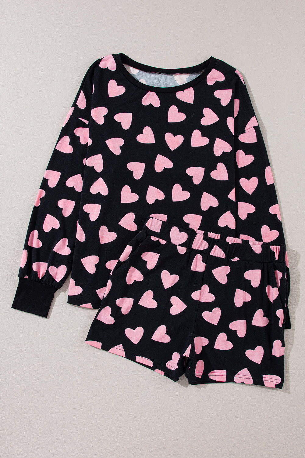 Heart Print Long Sleeve Top and Shorts Lounge Set