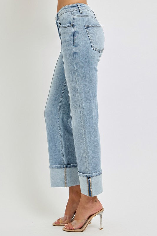 RISEN Plus Size Ankle Straight Leg Cuffed Jeans