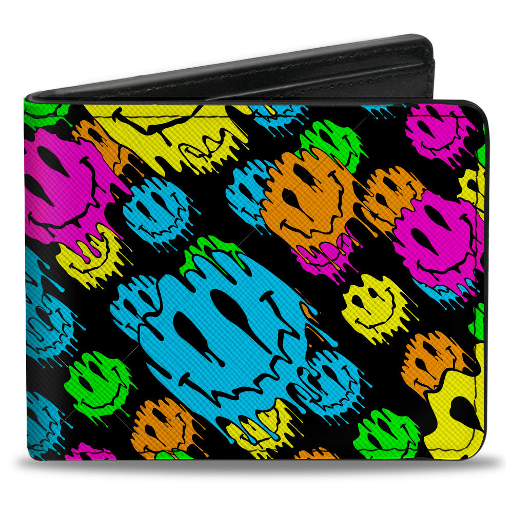 Bi-Fold Wallet - Smiley Faces Melted Stacked Black Multi Neon