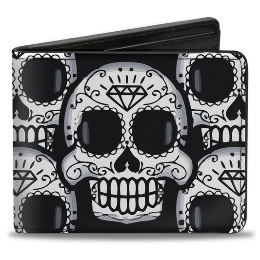 Bi-Fold Wallet - Cartoon Sugar Skulls Stacked Black White