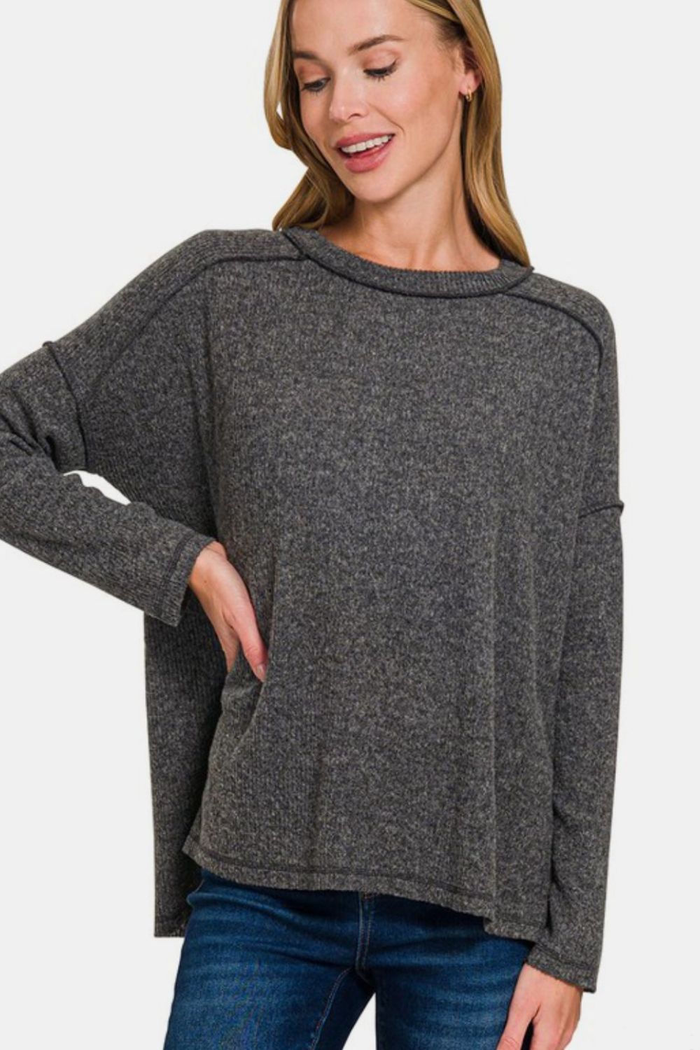 Zenana Exposed Seam Brushed Round Neck Sweater