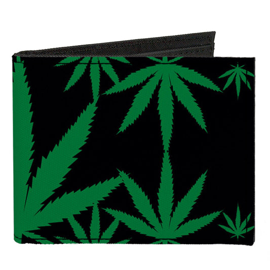 Canvas Bi-Fold Wallet - Marijuana Leaves Scattered Black Green