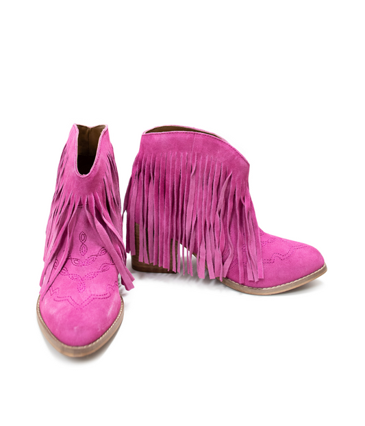 Amos Fringe Ankle Bootie in Magenta Suede