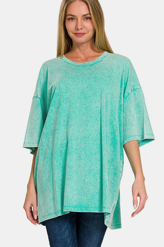 Zenana Washed Round Neck Drop Shoulder Oversized T-Shirt