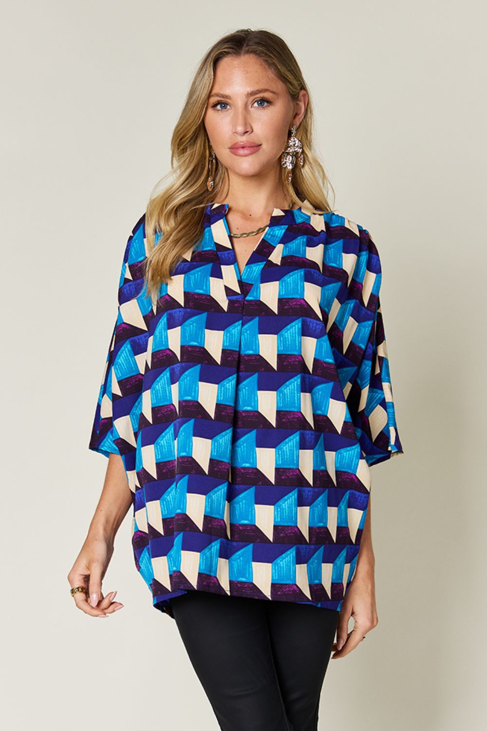 Double Take Geometric Notched Half Sleeve Blouse