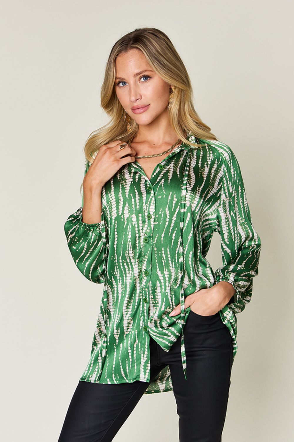 Double Take Printed Button Up Long Sleeve Shirt