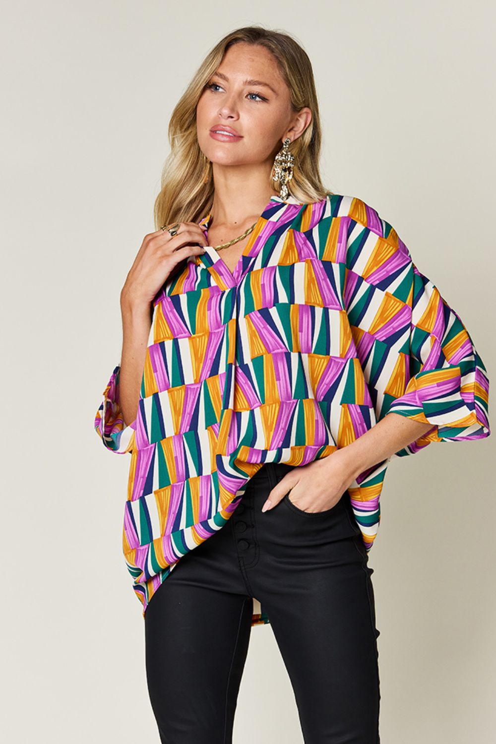 Double Take Geometric Notched Raglan Sleeve Blouse