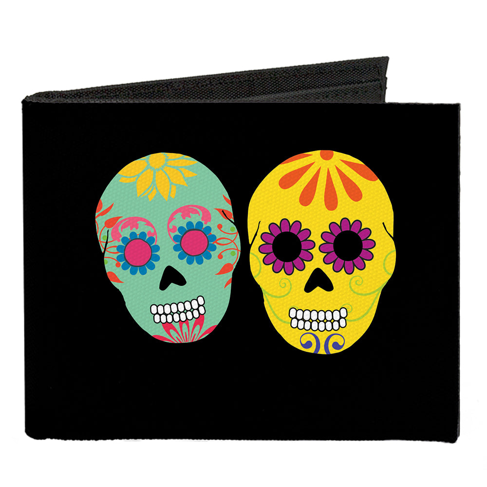 Canvas Bi-Fold Wallet - Painted Sugar Skulls Black Multi Color