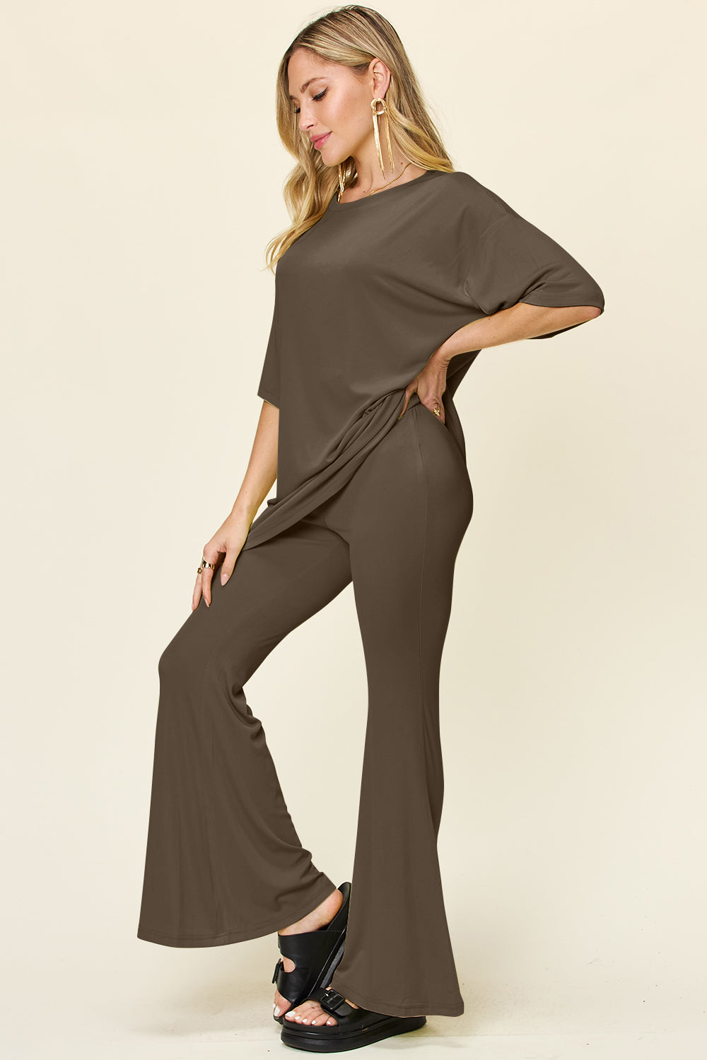 Double Take Round Neck Drop Shoulder T-Shirt and Flare Pants Set