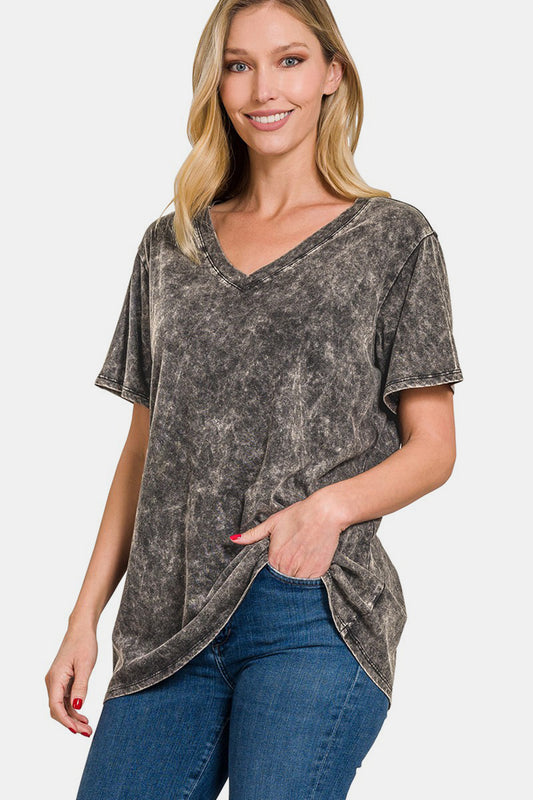 Zenana Washed Short Sleeve V-Neck T-Shirt