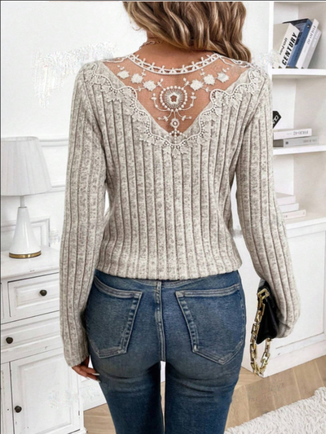 Lace Detail V-Neck Long Sleeve T-Shirt