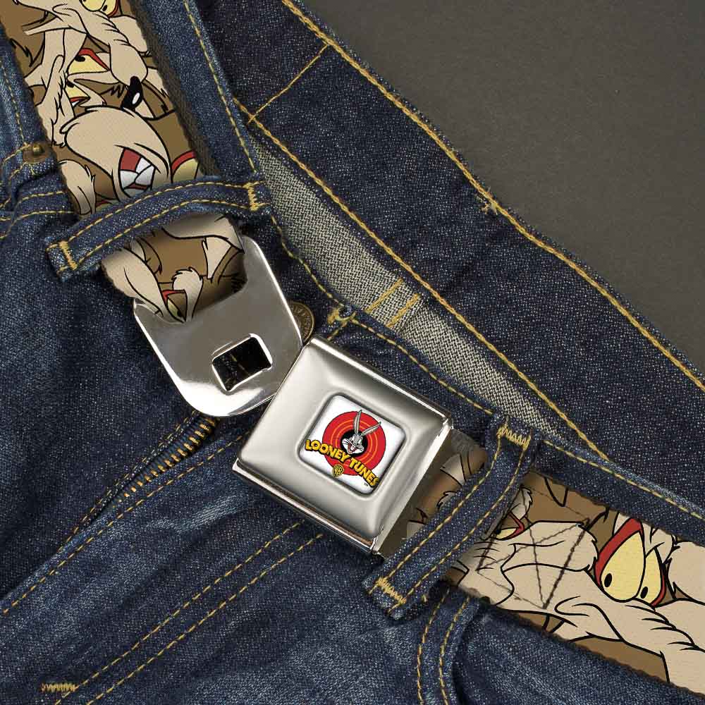 Looney Tunes Logo Full Color White Seatbelt Belt - Wile E. Coyote Expressions Stacked Webbing