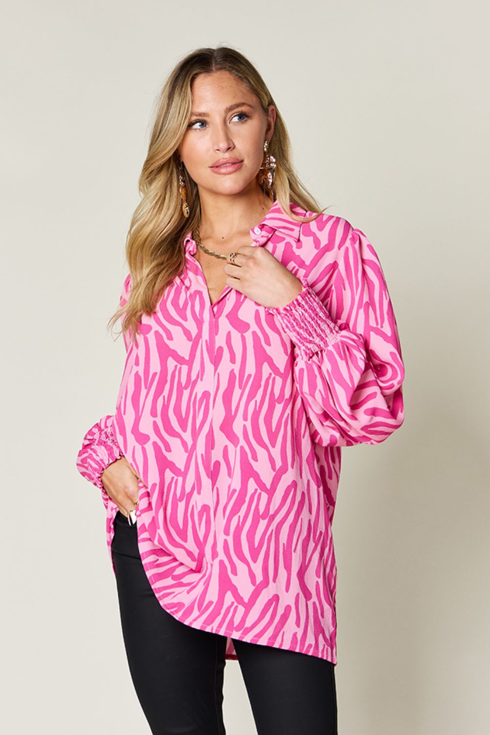 Double Take Printed Smocked Long Sleeve Blouse