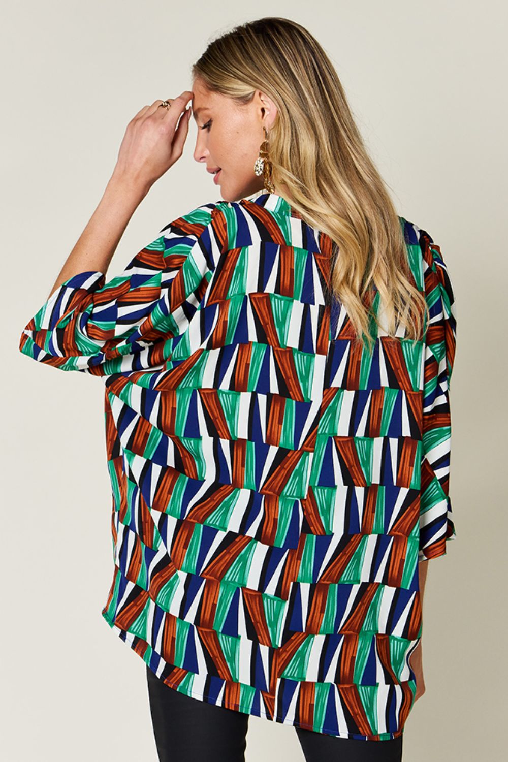 Double Take Geometric Notched Raglan Sleeve Blouse