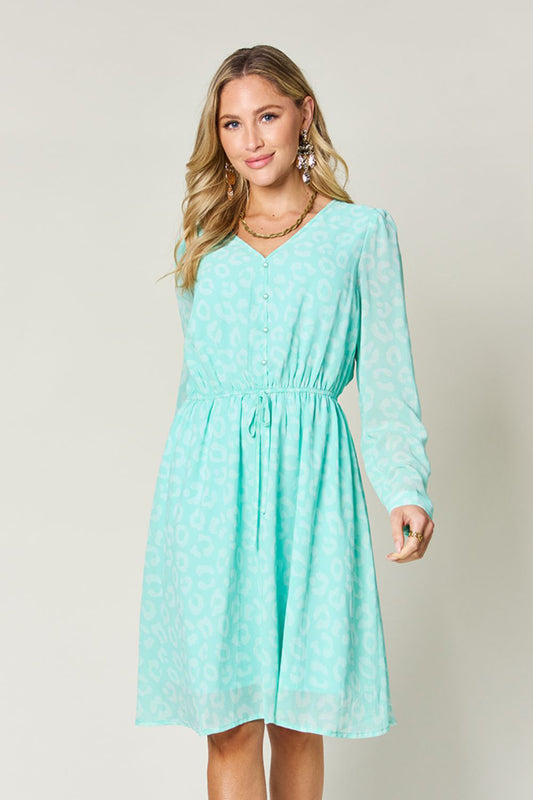 Double Take Printed Ruched V-Neck Long Sleeve Dress