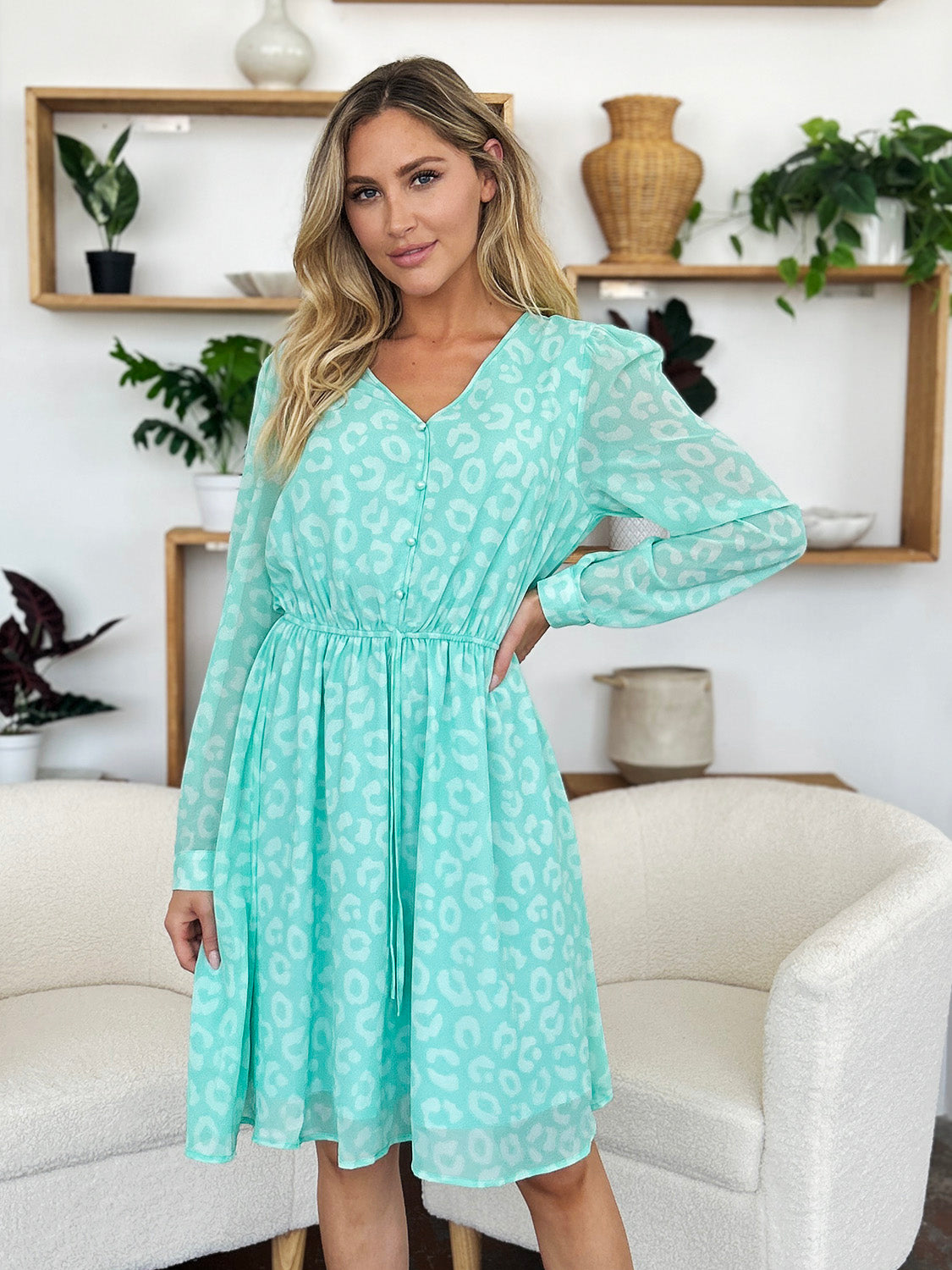 Double Take Printed Ruched V-Neck Long Sleeve Dress