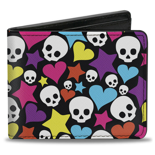 Bi-Fold Wallet - Funky Skulls Hearts & Stars Black Multi Color