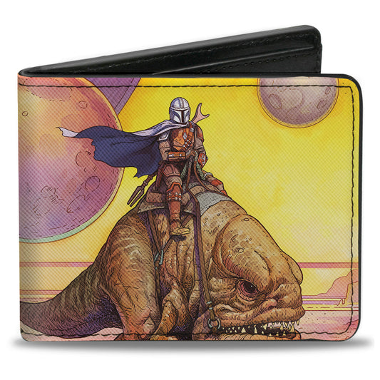 Bi-Fold Wallet - Star Wars The Mandalorian Riding Blurrg Pose + MANDALORIAN BOUNTY HUNTER Logo Full Color Black White