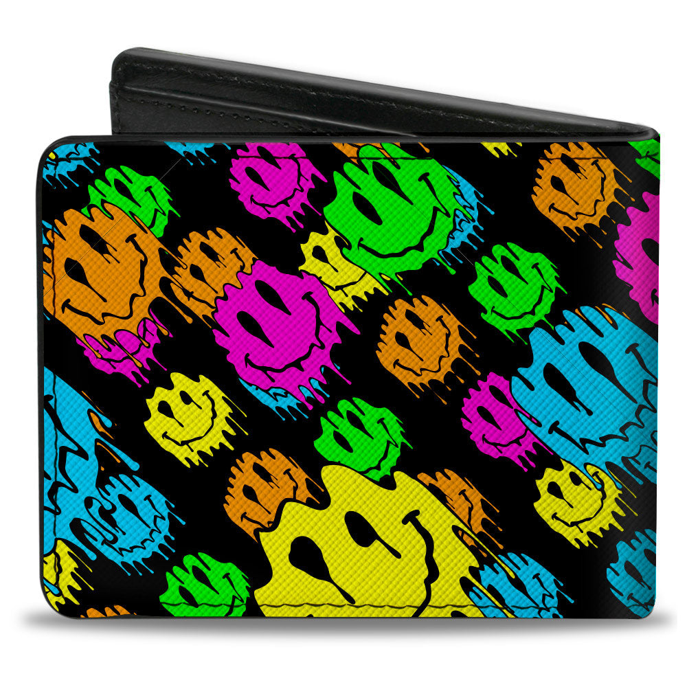 Bi-Fold Wallet - Smiley Faces Melted Stacked Black Multi Neon