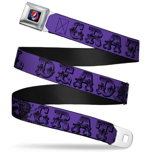 Steal Your Face Seatbelt Belt - Grateful Dead Text w/Skull & Roses Purple Webbing