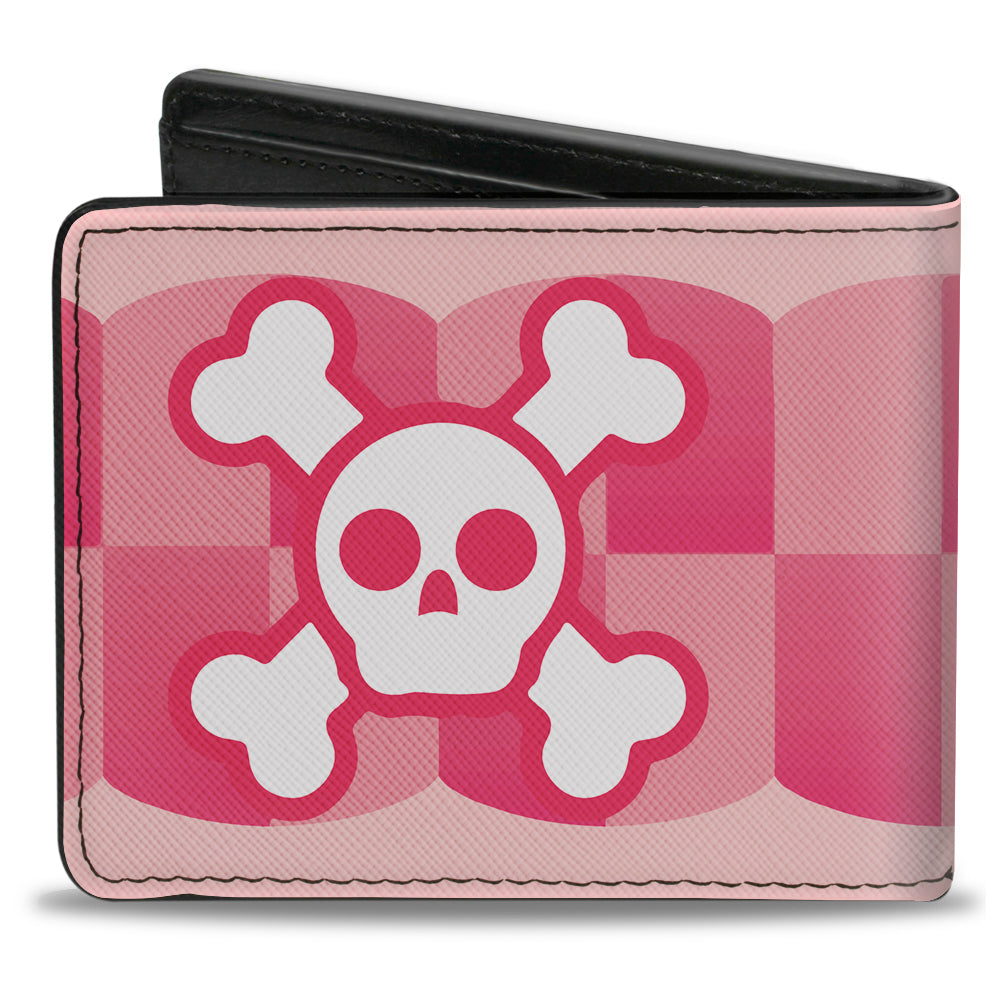 Bi-Fold Wallet - Cute Skulls w Checkers Pinks White