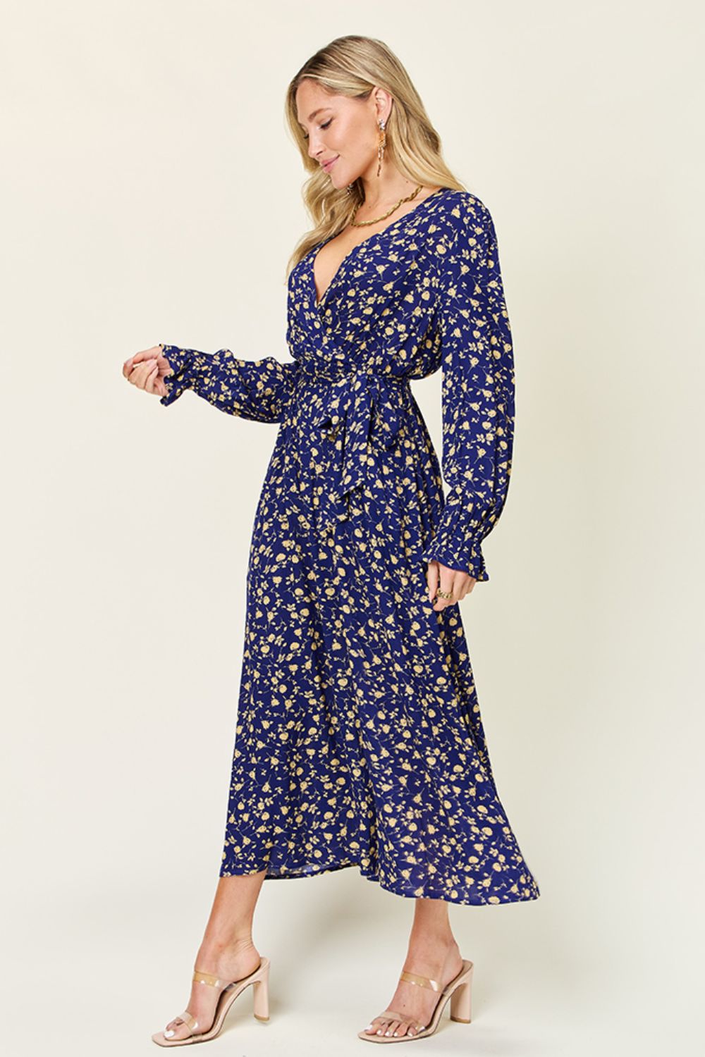 Double Take Tie Back Flounce Sleeve Dress