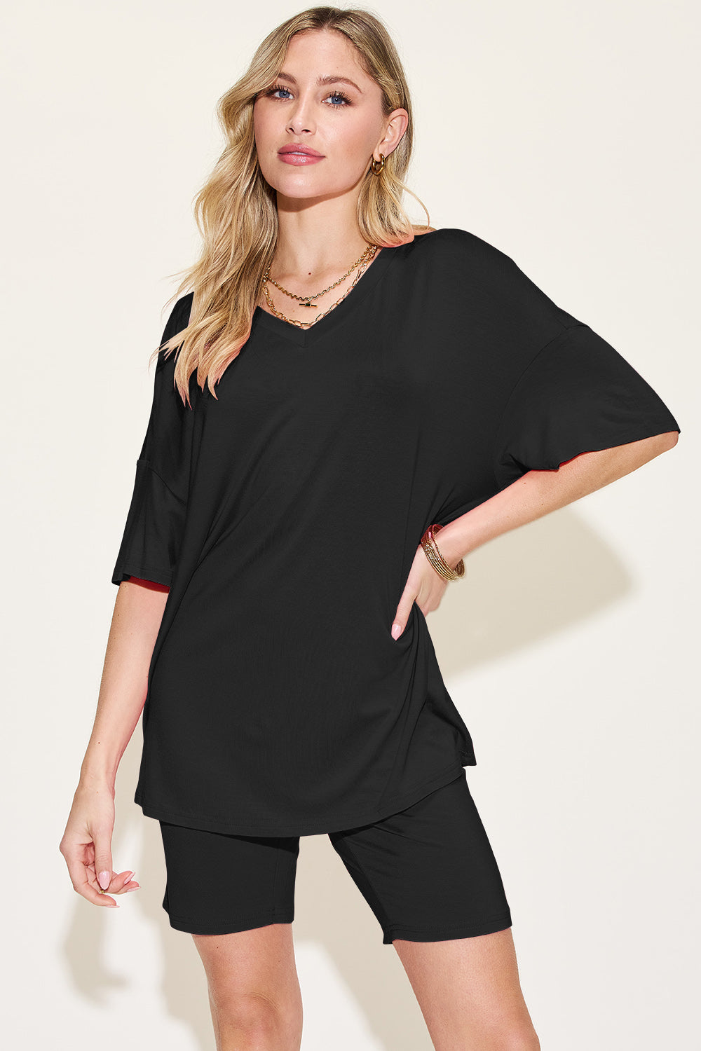 Basic Bae Bamboo V-Neck Drop Shoulder T-Shirt and Shorts Set