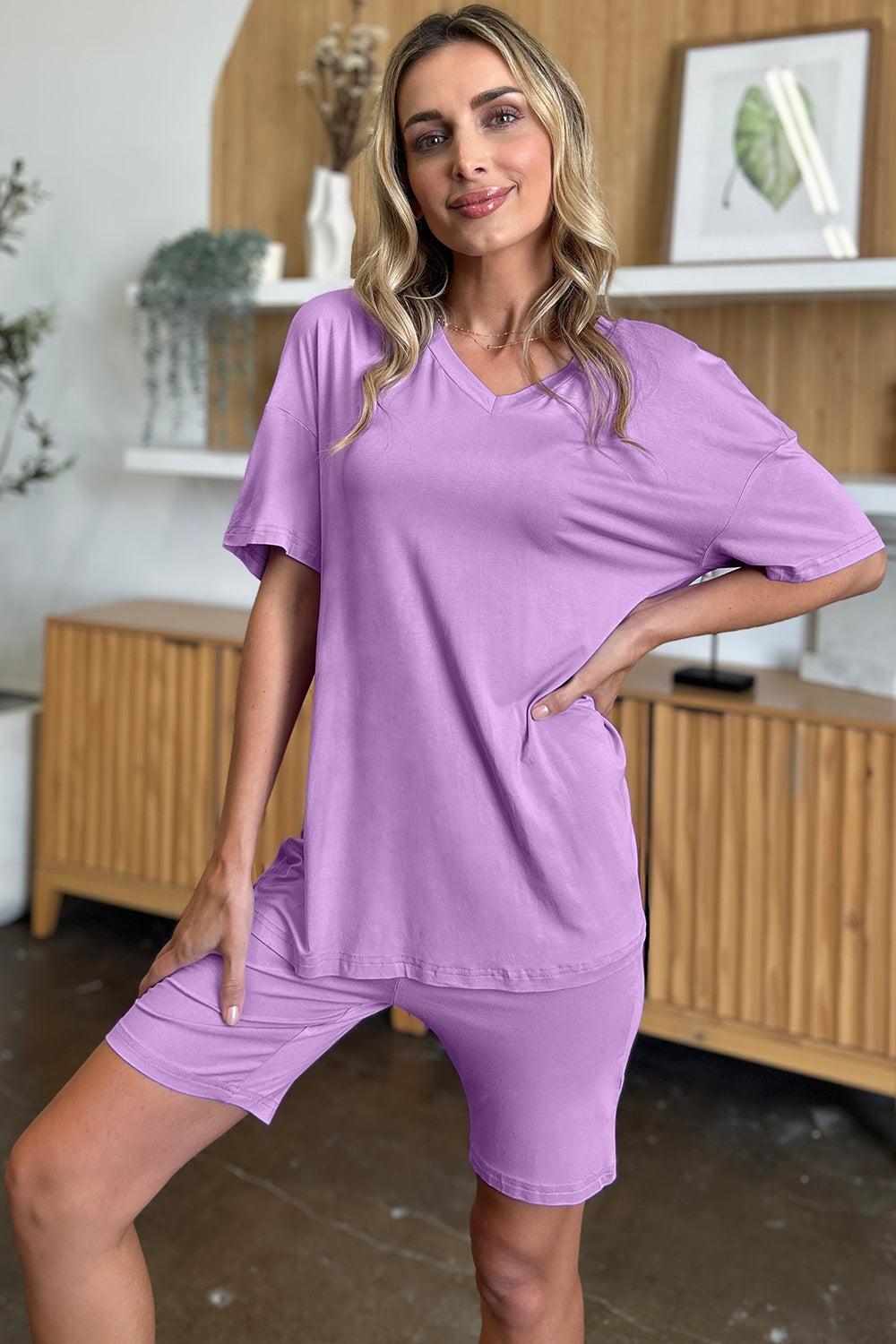 Basic Bae Bamboo V-Neck Drop Shoulder T-Shirt and Shorts Set