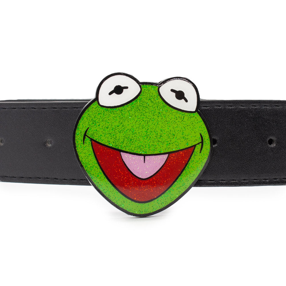 The Muppets Kermit the Frog Glitter Enamel Cast Buckle - 1.5 Inch Wide Black PU Strap Belt