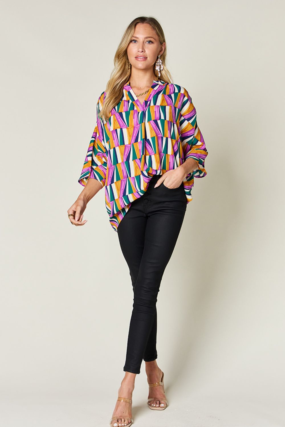 Double Take Geometric Notched Raglan Sleeve Blouse