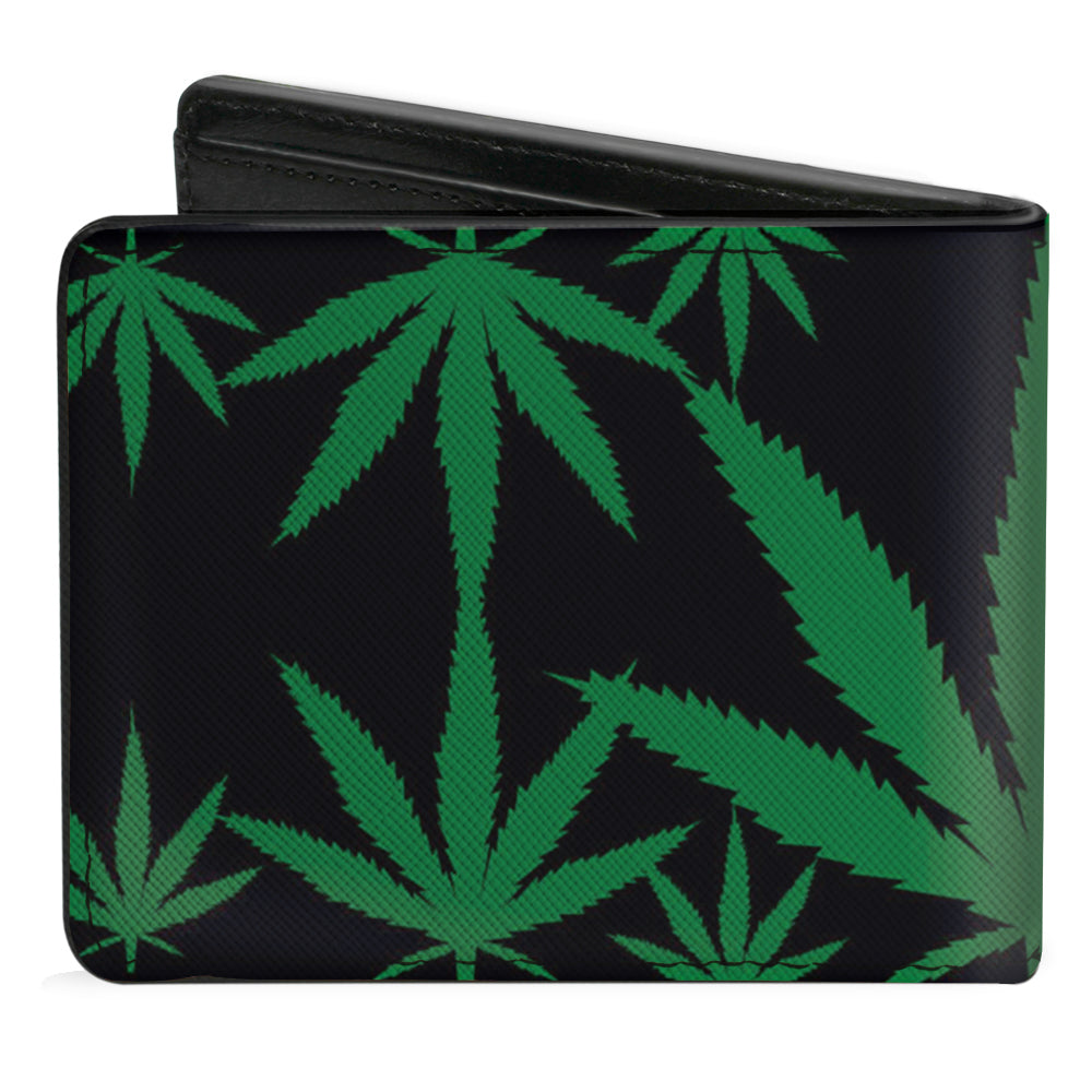 Bi-Fold Wallet - Marijuana Leaves Scattered Black Green