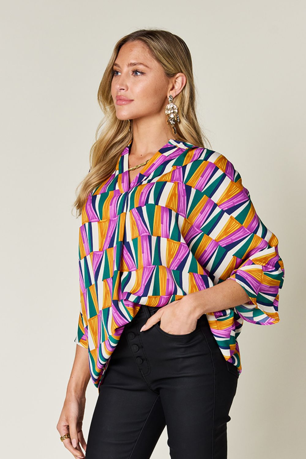 Double Take Geometric Notched Raglan Sleeve Blouse