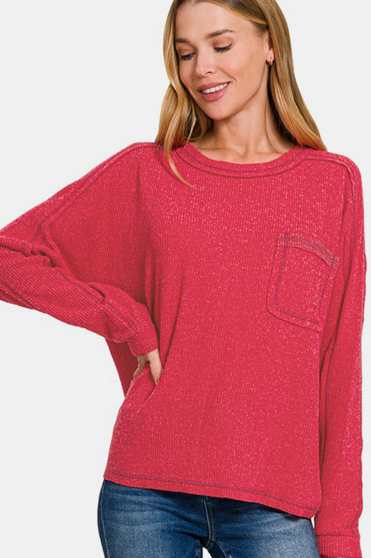 Zenana Contrast Stitching Brushed Ribbed Hacci Knit Top