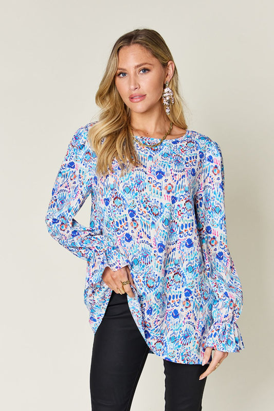 Double Take Printed Flounce Sleeve Blouse