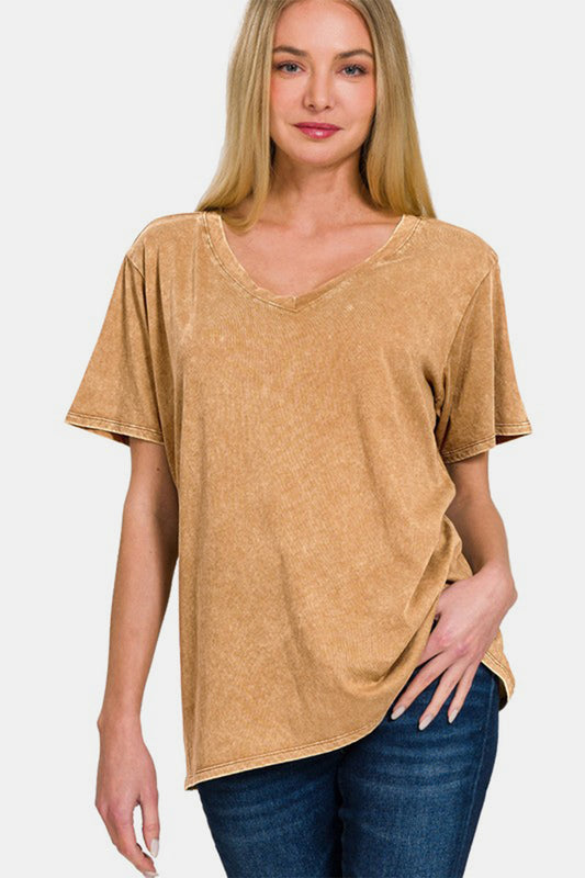 Zenana Washed Short Sleeve V-Neck T-Shirt