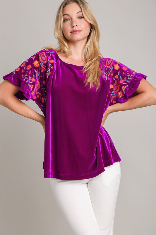 Umgee Velvet Embroidery Short Sleeve Blouse