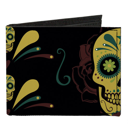 Canvas Bi-Fold Wallet - Sugar Skulls Black Olive Burgundy