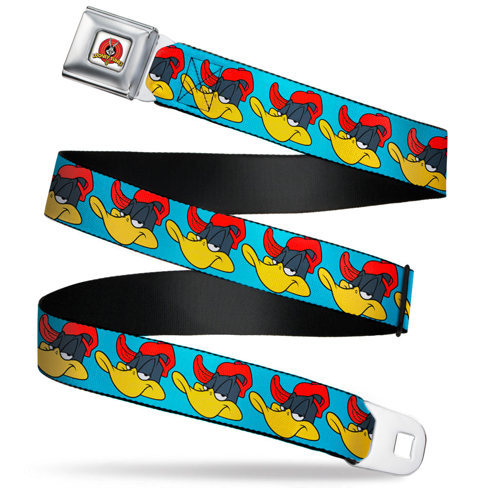 Looney Tunes Logo Full Color White Seatbelt Belt - Daffy Duck Hip Hop Expression Turquoise Webbing