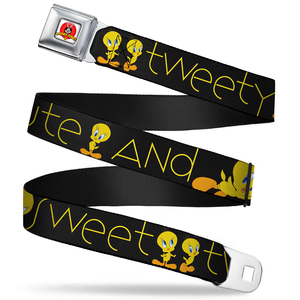 Looney Tunes Logo Full Color White Seatbelt Belt - Tweety Bird Poses CUTE AND SWEET Black/Yellow Webbing