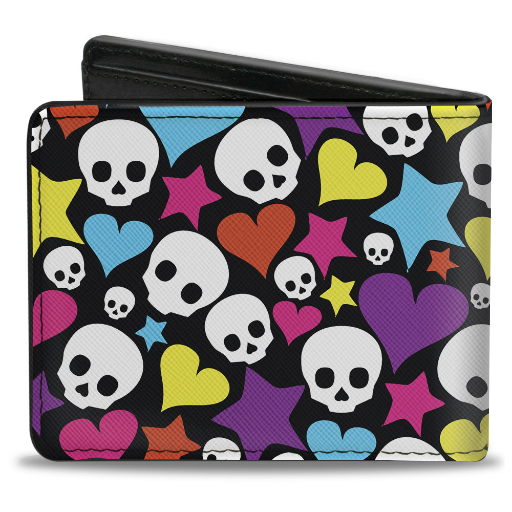 Bi-Fold Wallet - Funky Skulls Hearts & Stars Black Multi Color