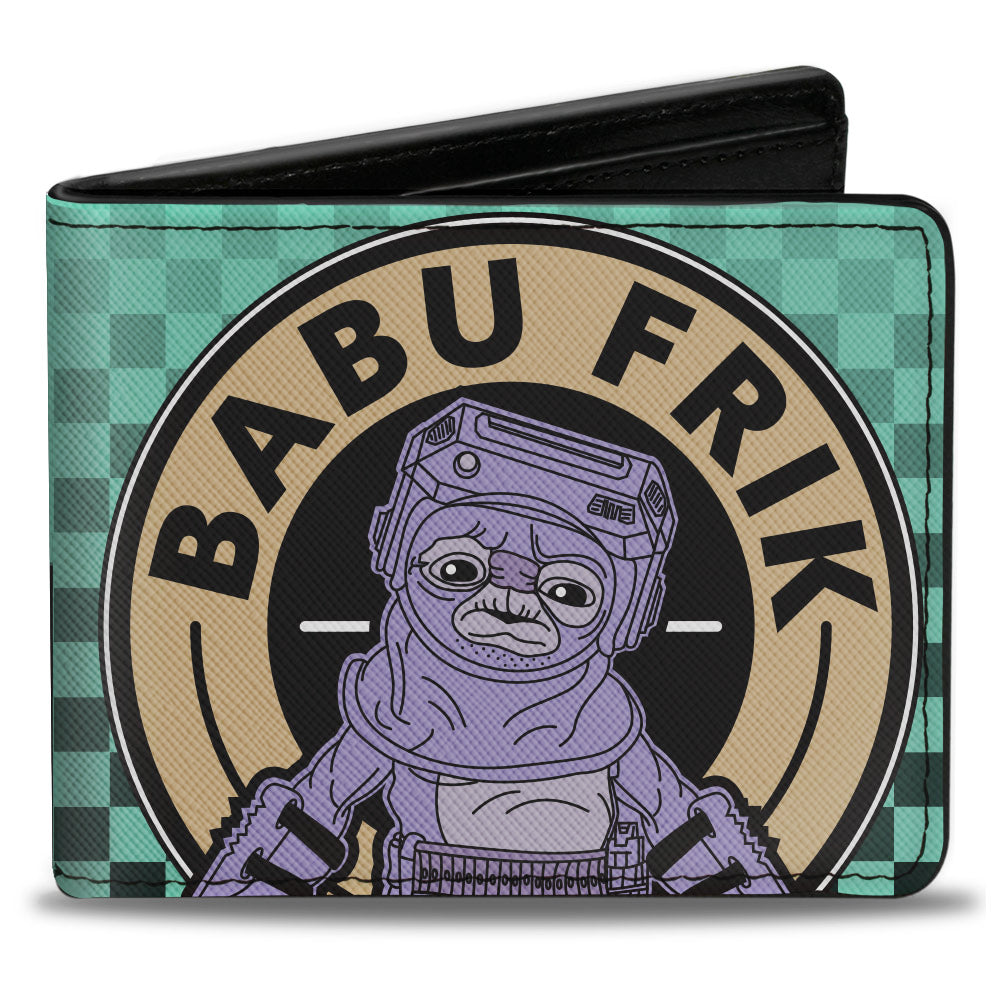 Bi-Fold Wallet - Star Wars BABU FRIK Pose + STAR WARS DROIDSMITH Aurebesh Checker Teal Black White