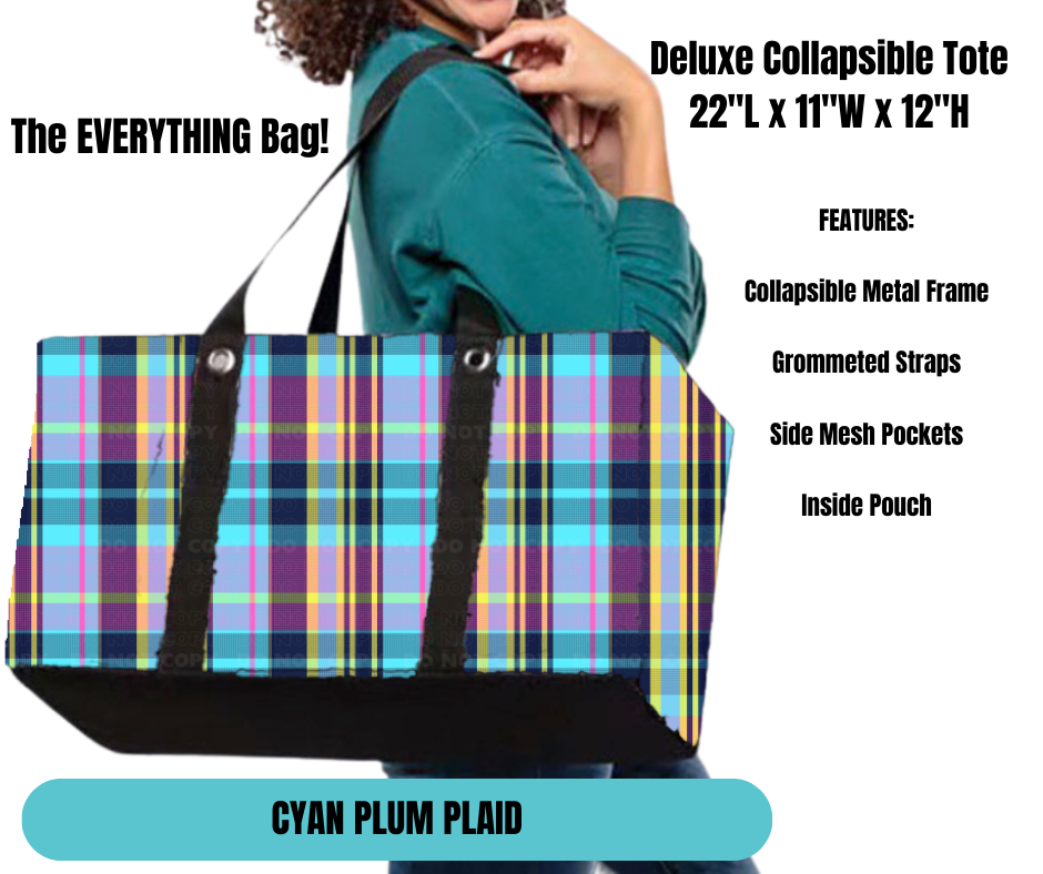 Preorder! Closes 11/18. ETA Feb. Cyan Plum Plaid Collapsible Tote