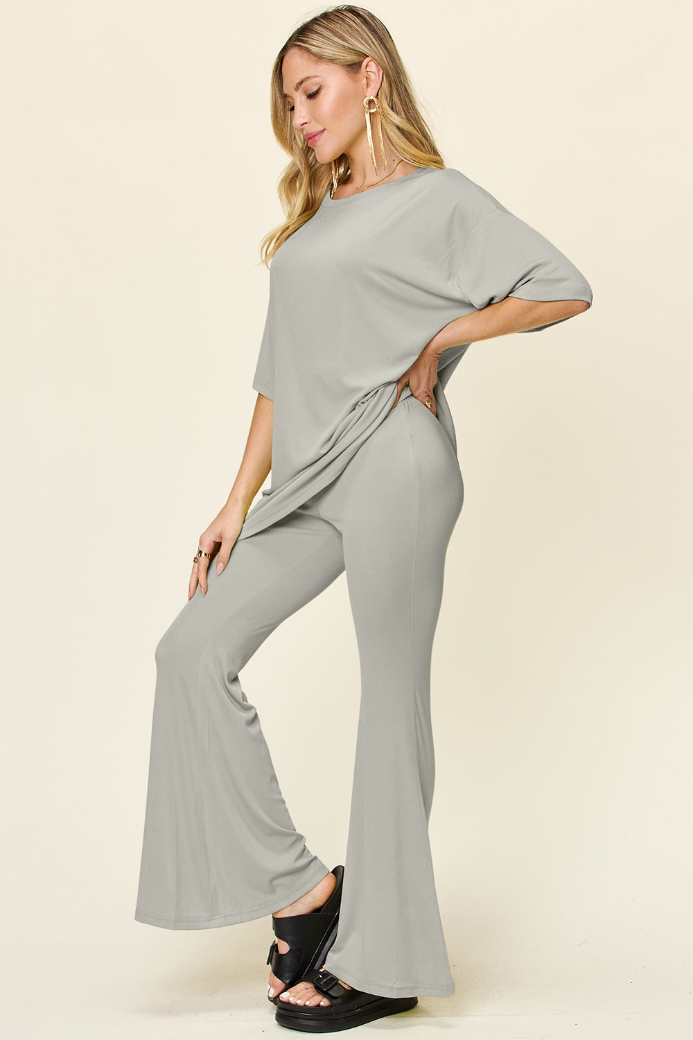 Double Take Round Neck Drop Shoulder T-Shirt and Flare Pants Set