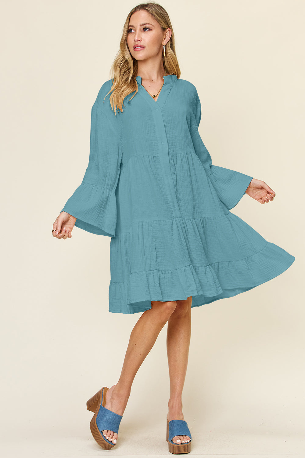 Double Take Texture Button Up Ruffle Hem Dress