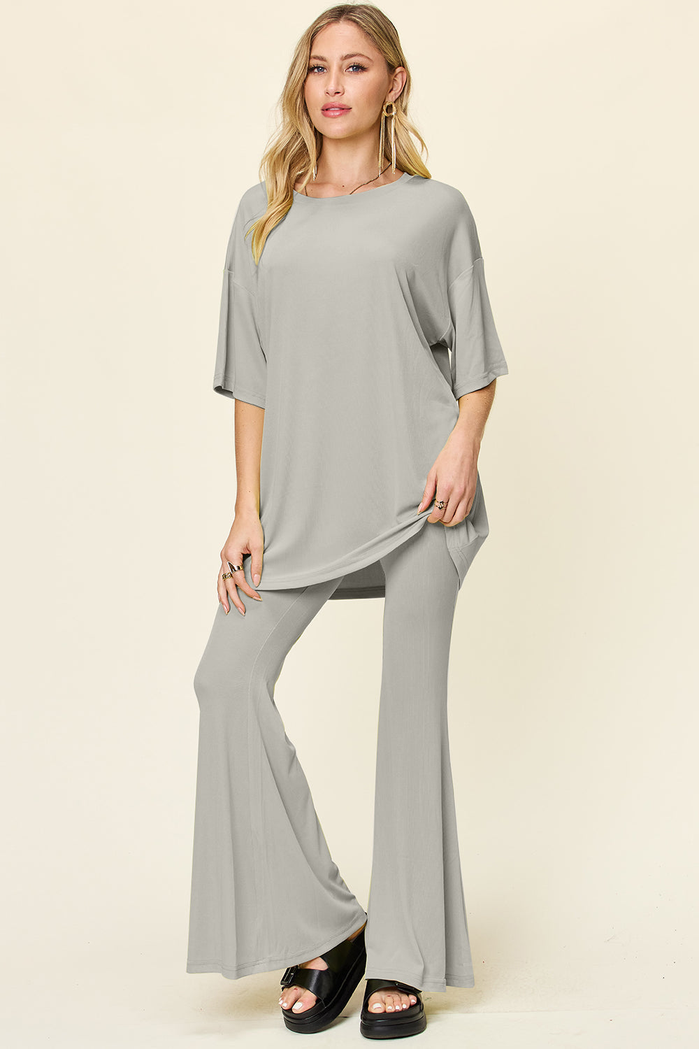 Double Take Round Neck Drop Shoulder T-Shirt and Flare Pants Set