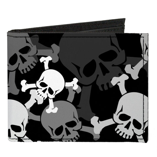 Canvas Bi-Fold Wallet - Top Skulls Stacked Black Gray White