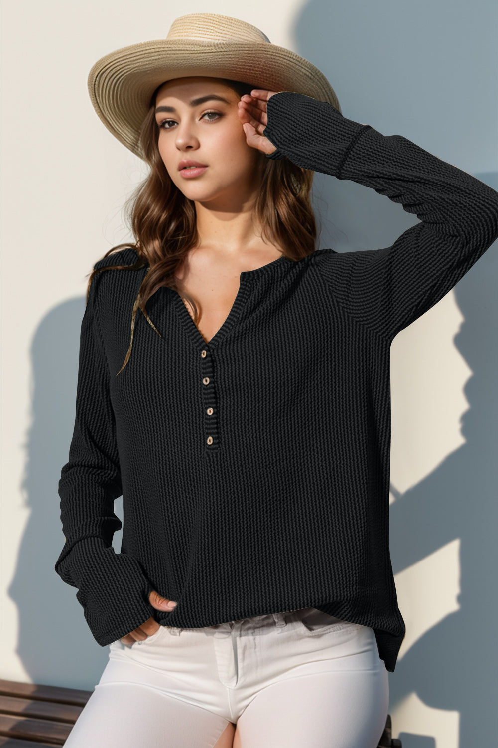 Double Take Notched Thumbhole Long Sleeve T-Shirt